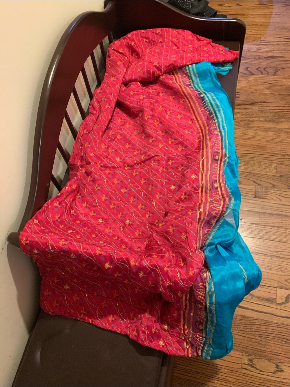 Women's Red & Teal Silk Embroidered Saree